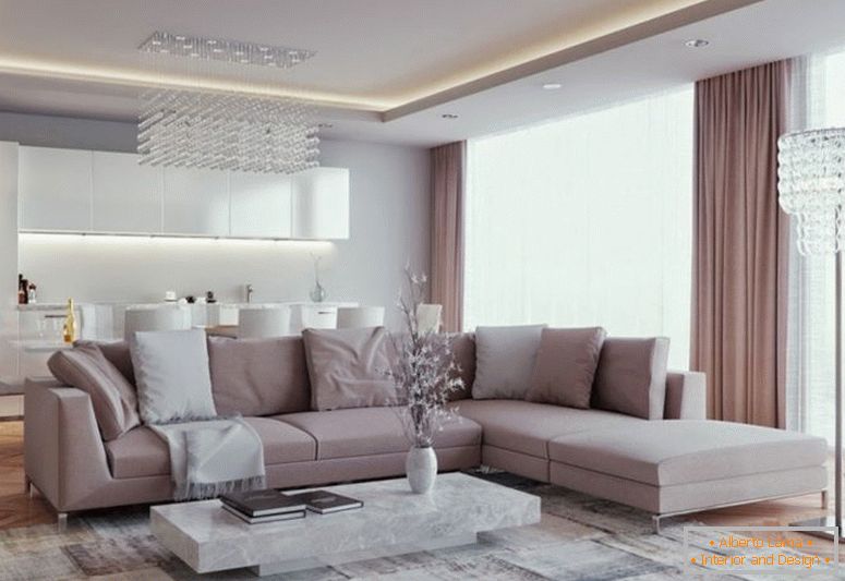 luxusný obývacia izba s kuchyňou v foto-dizajne 30 metrov štvorcových