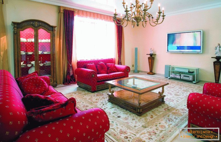 moderné-style-nábytok-obývacia izba-design-nápady-s-rozkladací sady červených tkaniny-vzor - by-Ruched ramená-a-rozvetveným luster-nad-sklo-top-coffee-table-pomoc sa i-as-obývačka-kuchyna-and-tradičnom štýle