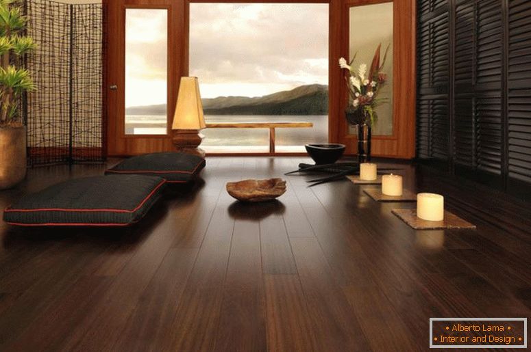 cool-tmavé-tvrdé drevo-podlahy-s-ottoman-pre-obývacia izba-japonský-štýl-zariadené-prírodné rastliny a lustre-lampa-as-dekorácie strop-dizajn-úžasný-japonský interiérový dizajn interiéru -schools-how