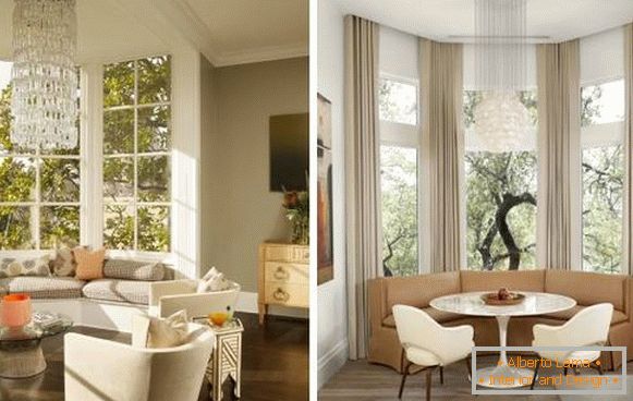 Dizajn kuchyne v obývacej izbe s bay window v štýle luxusu