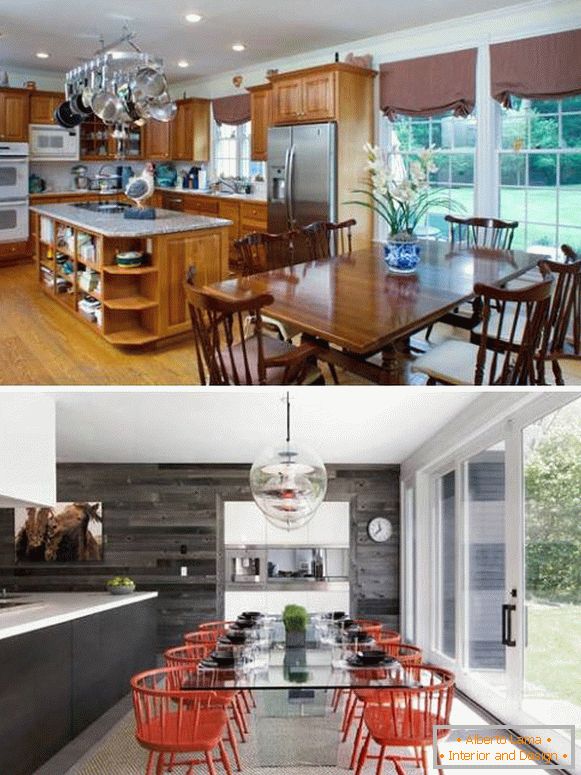 Kuchynský dizajn v súkromnom dome pred a po fotografiách