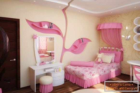 interiér detskej izby pre dievča v žltom a ružovom tóne