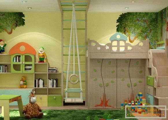 interiér s prirodzenou témou detskej izby pre dievčatá vo veku 3 rokov