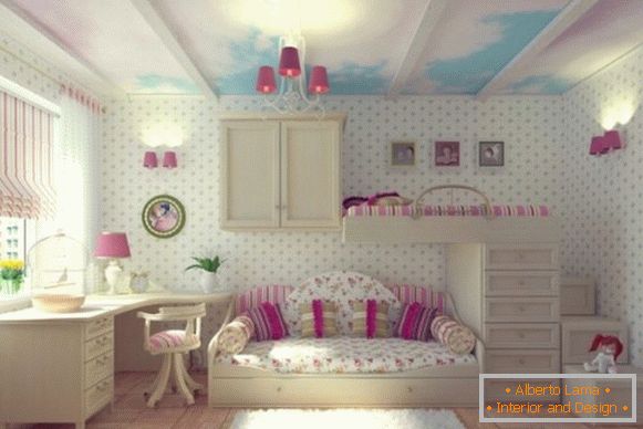 interiér s bielou tapetou pre detskú izbu pre dievčatá