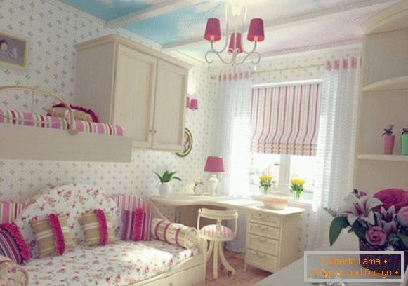 interiér s bielou tapetou a modrou oblohou pre detskú izbu pre dve dievčatá