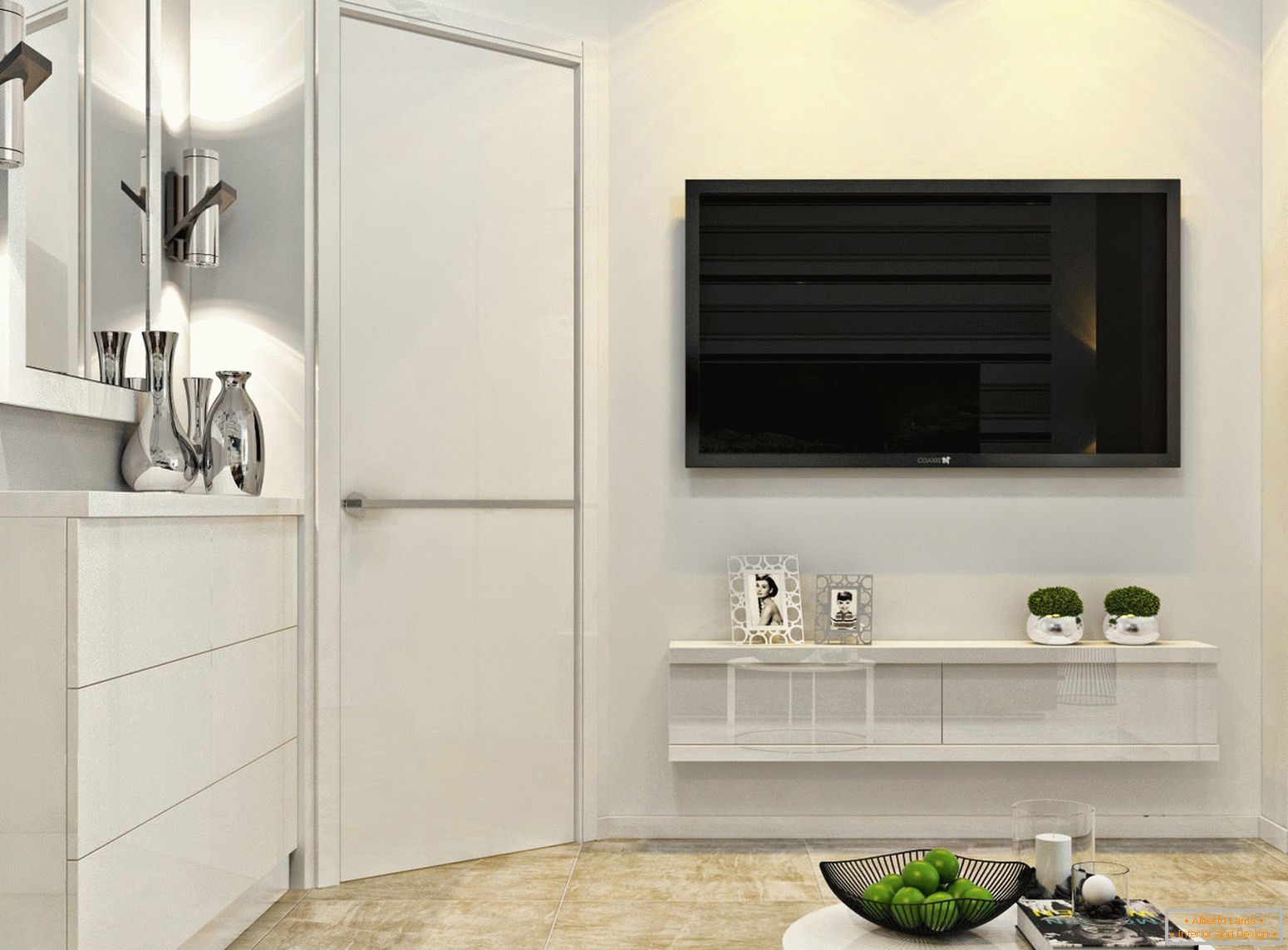 TV na stene vo vnútri bieleho minimalizmu