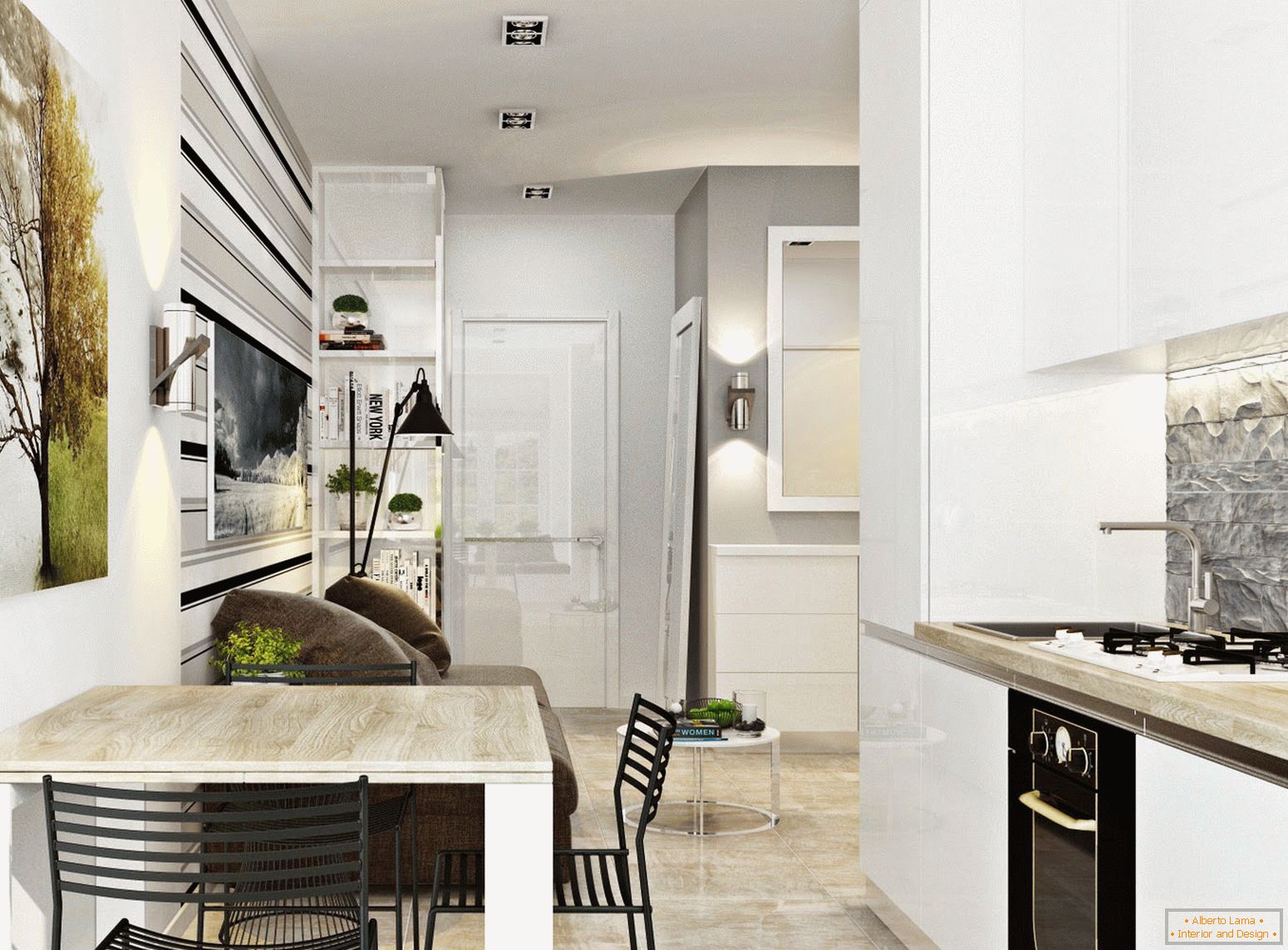Interiér kuchyne a jedálne v štýle bieleho minimalizmu