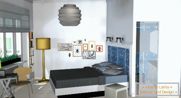 Interiér malého bytu: spálňa s šatňou