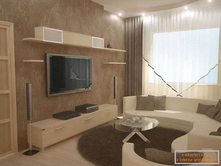 Moderný štýl ponúka komfortný nábytok pre relaxáciu a nie nevyhnutne obdĺžnikové tvary.