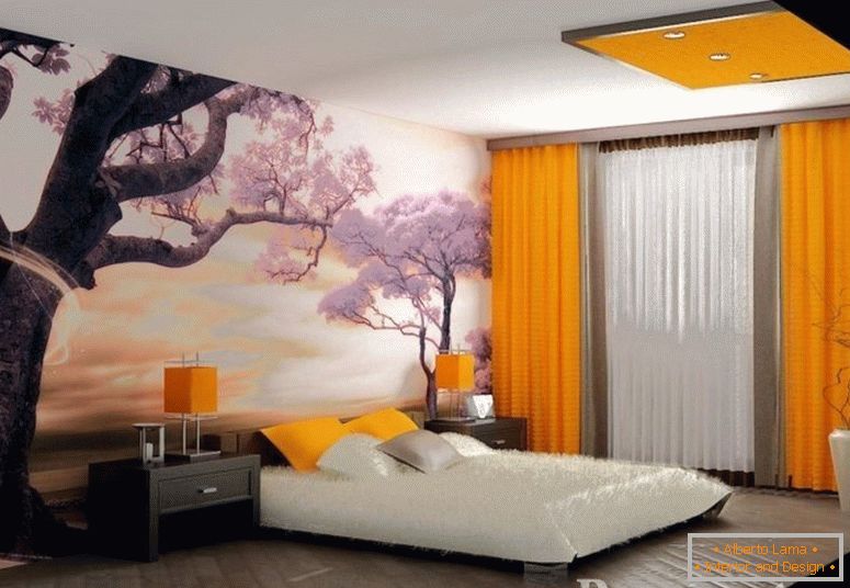 Foto tapety so sakurou a oranžové záclony v spálni