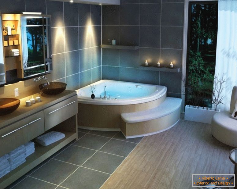 úžasné-zdobenie-nápady-pre-vzrušujúcich-kúpeľne-inšpirujúca-designer-interiér-post-moderný štýl-ohromujúci-bielo-akryl-corner-vane-u-pekné biele látkové posuvné clony-Windows-pomoc sa i-as-kúpeľňa so sprchovacím kútom