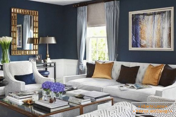 Ako si vybrať záclony na tapety - foto vo vnútri obývacej izby