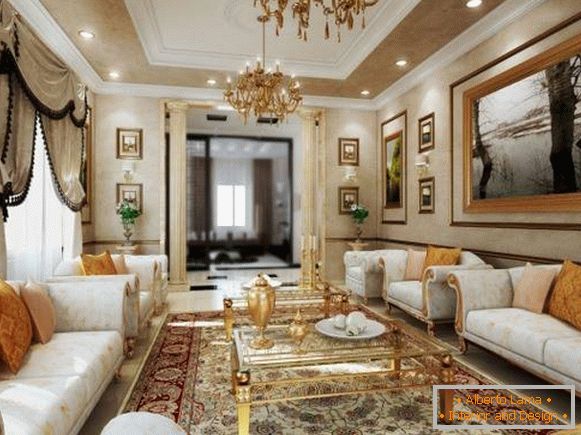 Obývacia izba s lustre a zlatým nádychom