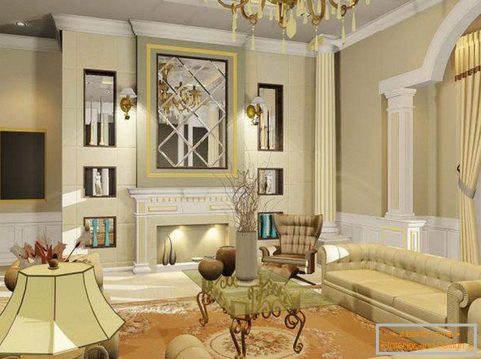 Interiérový dizajn obývacej izby v súkromnom dome v klasickom štýle