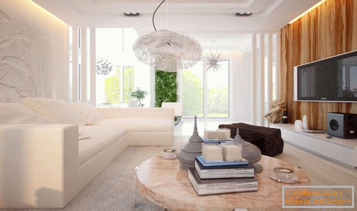 Interiér obývacej izby v modernom štýle high-tech. Minimálne rozmanité dekorácie, moderné technológie a futuristický dizajn dekorácie. 