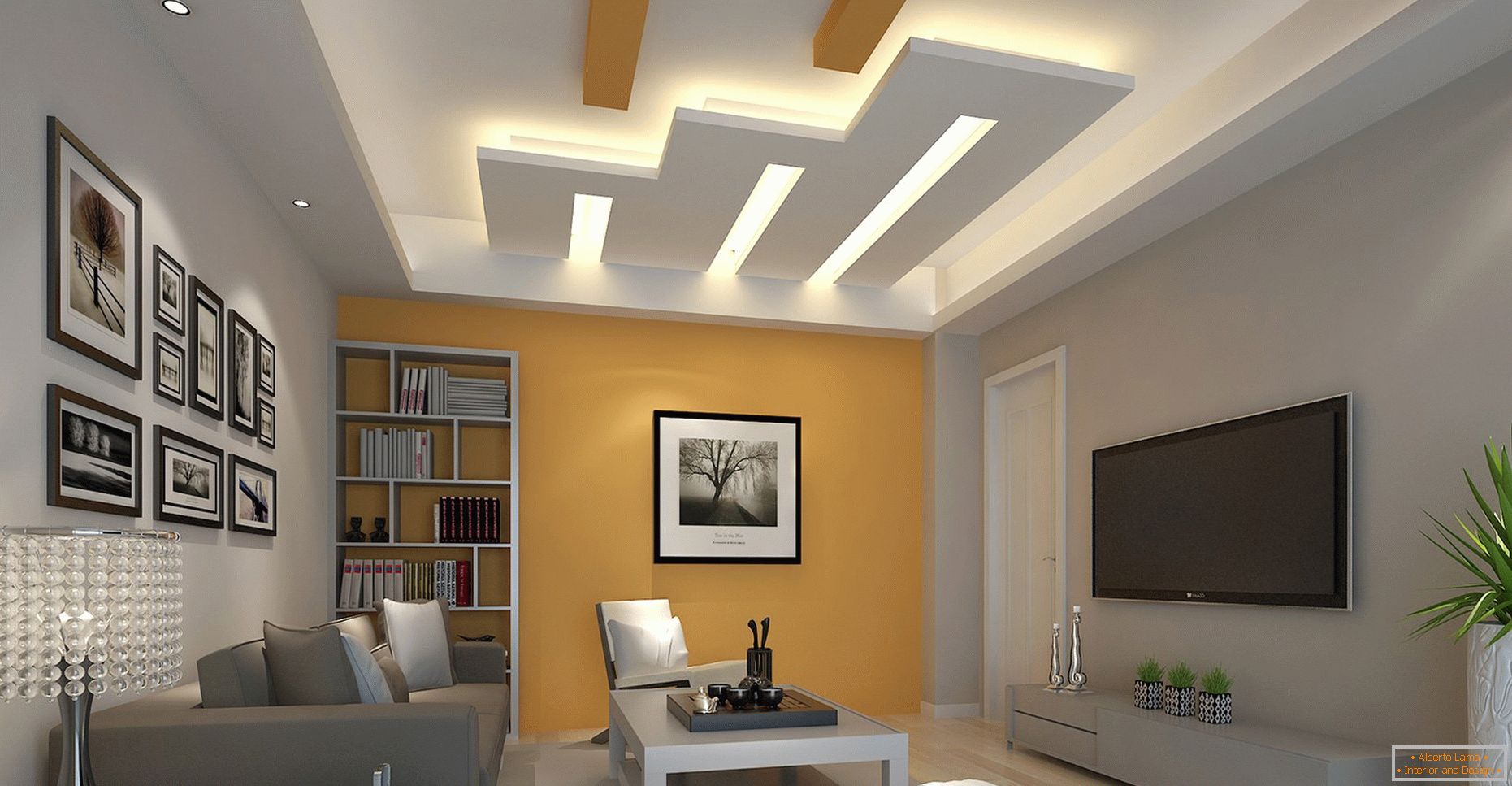 Geometrické obrázky v dizajne stropu s osvetlením