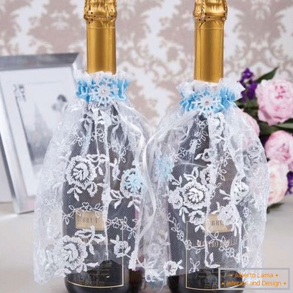 Ako zdobiť svadobnú fľašu šampanského - nápady s vlastnými rukami