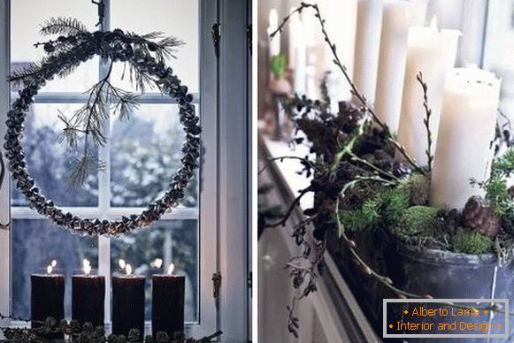 Vianočné dekorácie okien - fotografie s prírodnými materiálmi