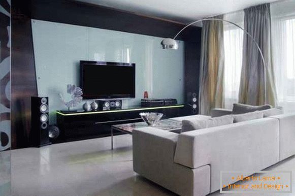 Hi-tech dizajn 2-izbového bytu - interiérová fotka sály