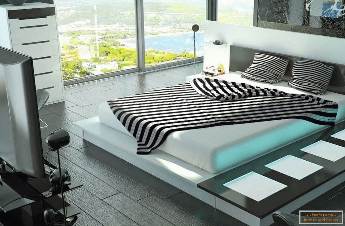 Spálňa s veľkou posteľou s high-tech osvetlením