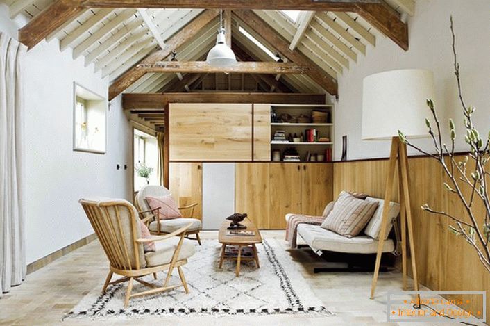 Prítomnosť škandinávskeho štýlu je dokázaná používaním prevažne prírodných materiálov pre návrh interiérov. Drevený nábytok, prírodné čalúnené tkaniny a malá koberec predstavujú celkový obraz interiéru v škandinávskom štýle.