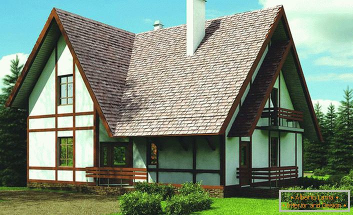 Fasáda budovy domu je zdobená v súlade s požiadavkami škandinávskeho štýlu. Kontrastné drevo sa stáva pozoruhodnou vlastnosťou štýlu. 