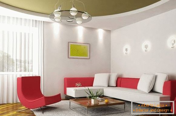 Zelený stretch strop v dizajne obývacej izby v modernom štýle