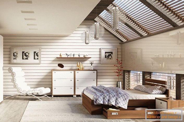 Spálňa na podkroví v škandinávskom štýle je zdobená modulárnym nábytkom.