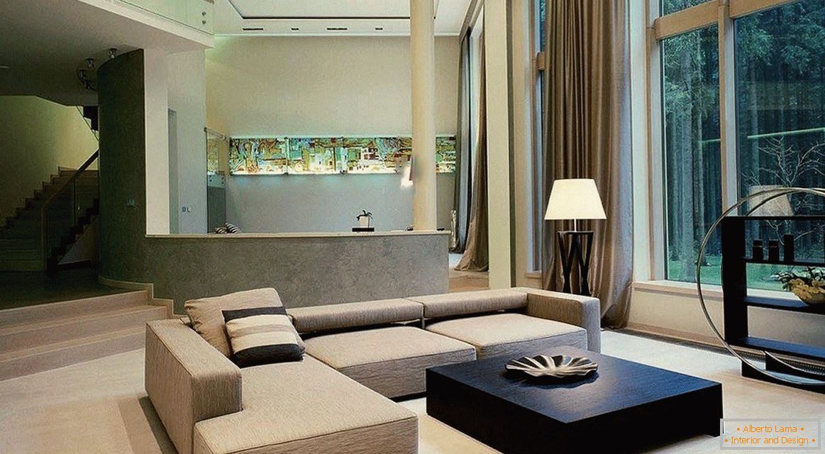 Svetlý nábytok v interiéri v štýle konštruktivizmu