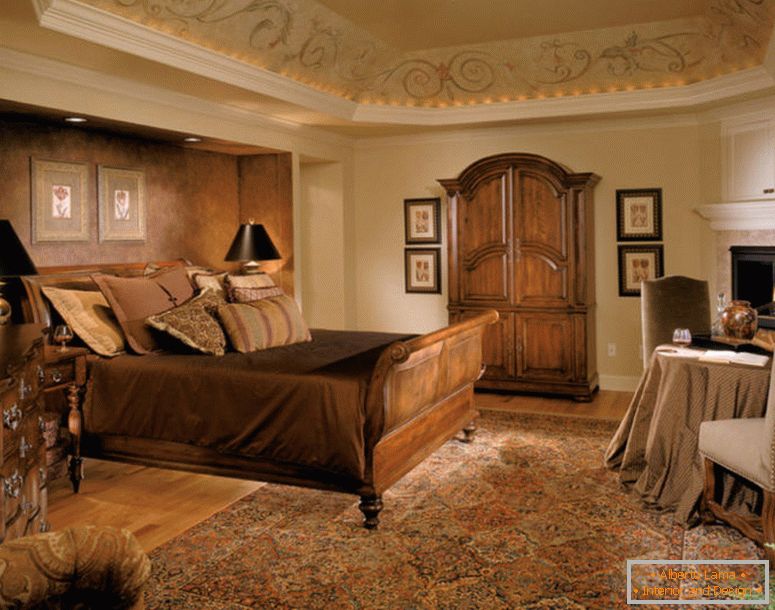 midcentury-royal-spálne-drevená posteľ-frame-nábytok-perzský koberec-hnedá-rys-wall