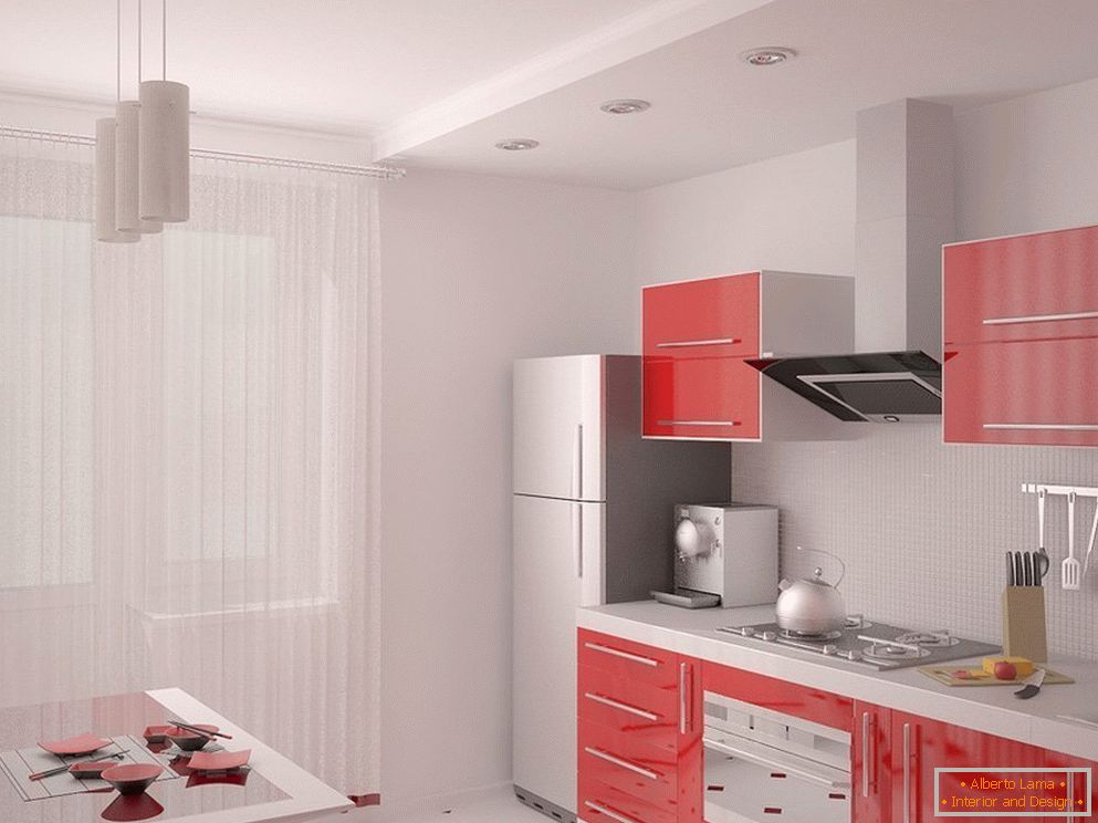 Svetlý interiér s červenou kuchyňou