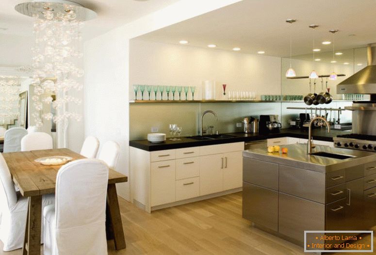 nádherné-otvorenou kuchyňou-design kombinujúci-s-jedáleň-concept-dekorácie-i-chic-jedálenský stôl-a-bielo-stoličky-cabinetary dokončenej-umelecké-prívesok-lustre, inšpirácia