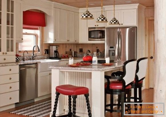 Svetlý kuchynský interiér v štýle krajiny - fotografie čiernej a bielej a červenej farby