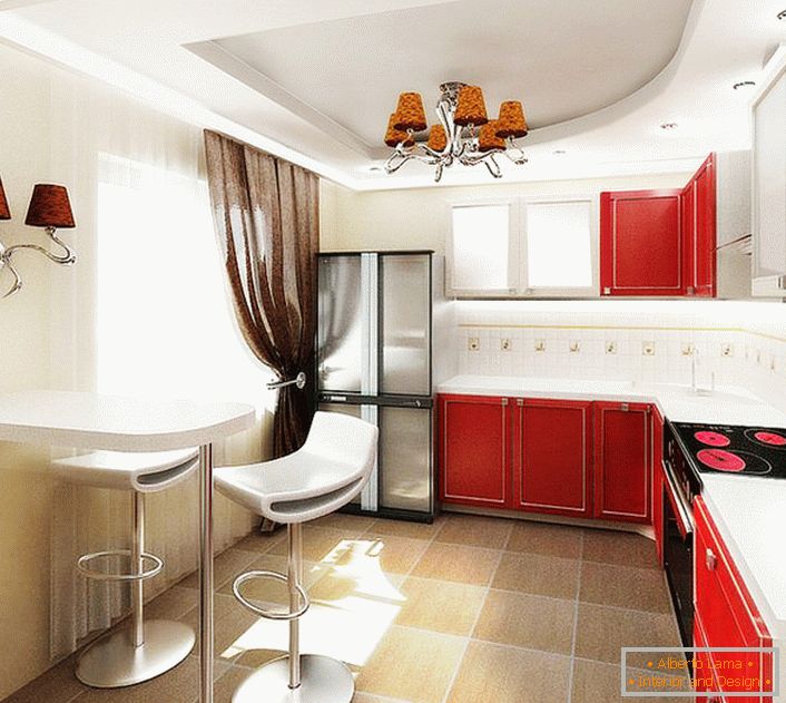 Projektový projekt pre kuchyňu v obyčajnom byte v Moskve. Kontrastné kombinácie farieb, funkčný nábytok, nezaťažený nábytkom, lakonické osvetlenie - indexy dokonalého štýlu majiteľa bytu.