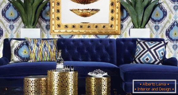 Modrá módna tapeta s obrázkom - fotografia vo vnútri obývacej izby