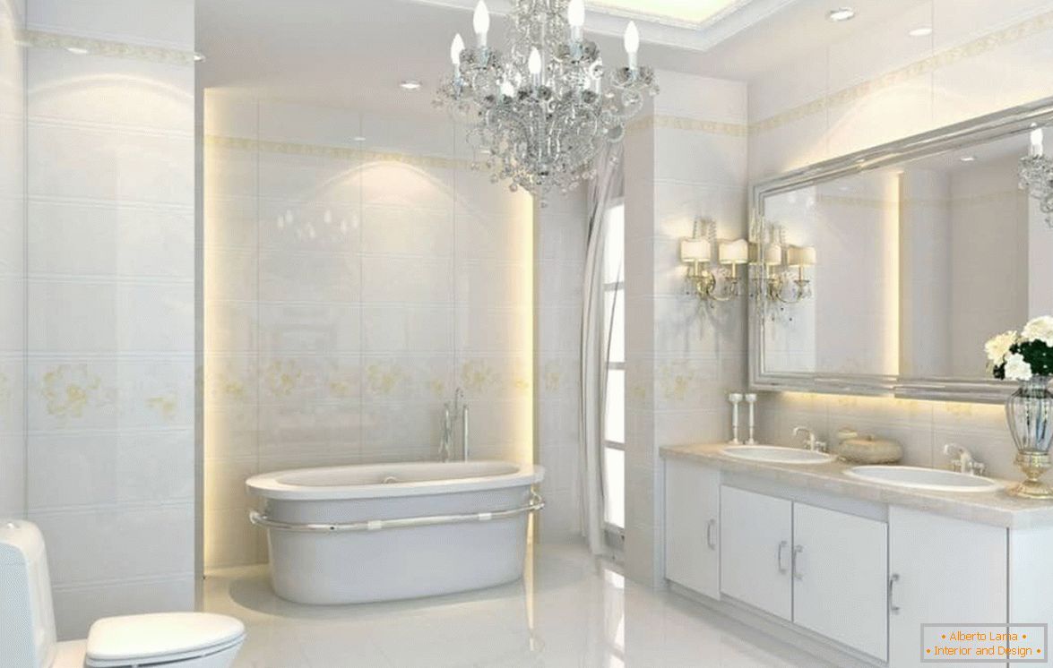 Návrh kúpeľne v bielej farbe v neoklasickom štýle