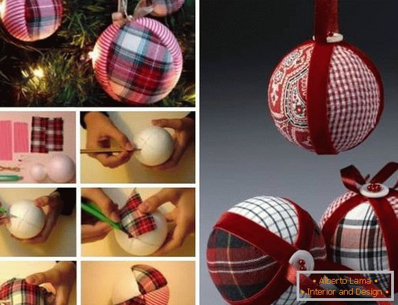 Štýlový ručne vyrobený výrobok - vianočná guľa vyrobená z látky a stuh
