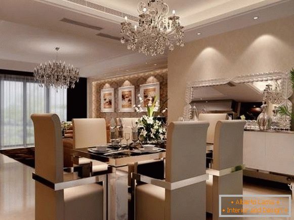 Luxusný dizajn interiéru a chrómový jedálenský stôl