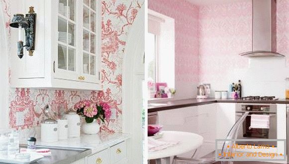 Ružová kuchyňa s tapetami na stenách