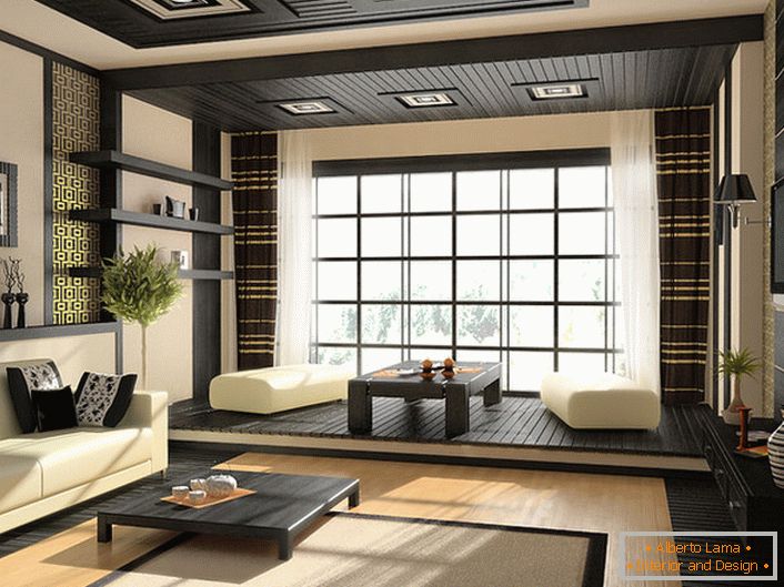 Laconizmus, jednoduchosť, charakteristické farby a výzdoba japonského štýlu v interiéri obývacej izby.