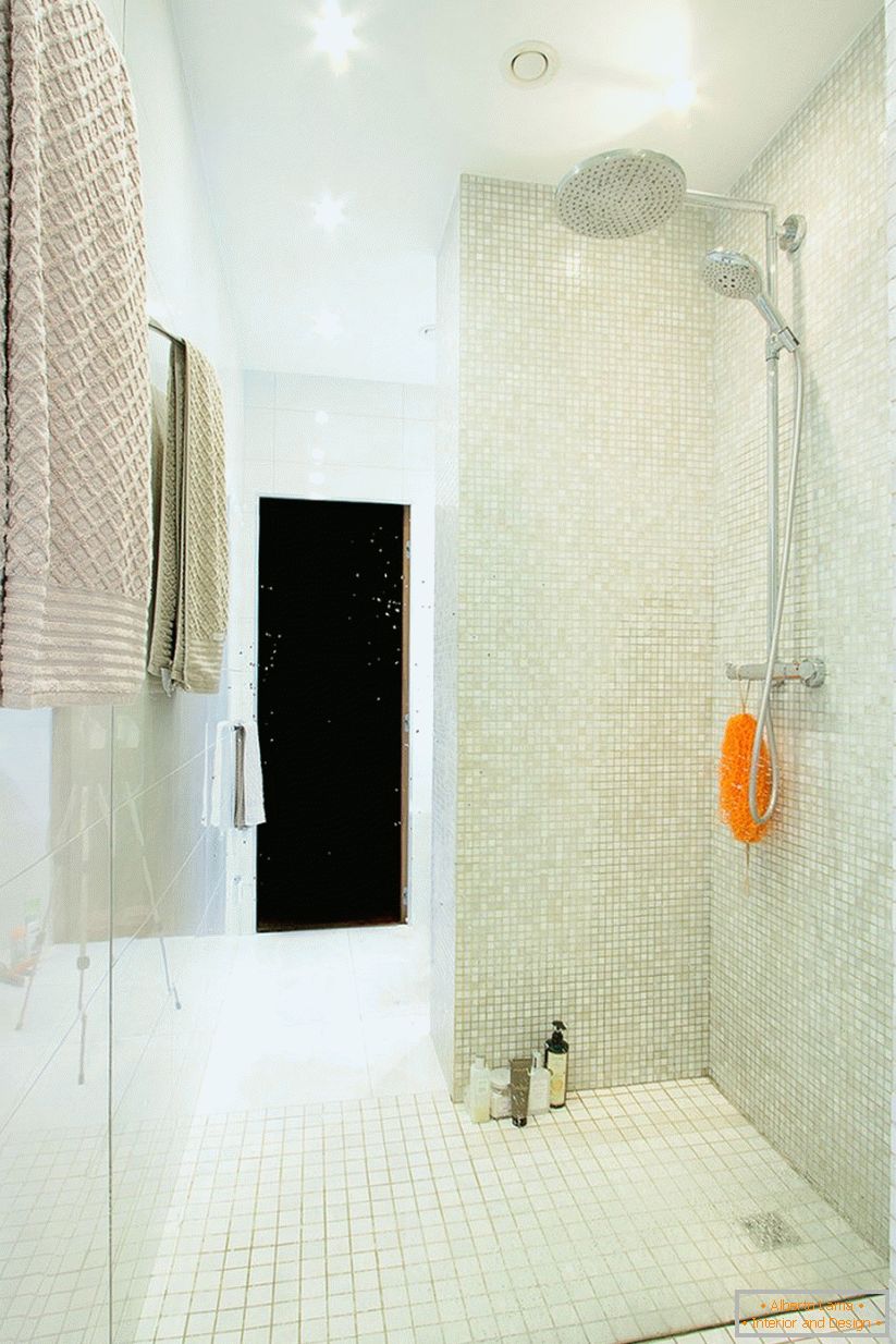 Vnútorná sprcha v priestrannom jednoizbovom apartmáne