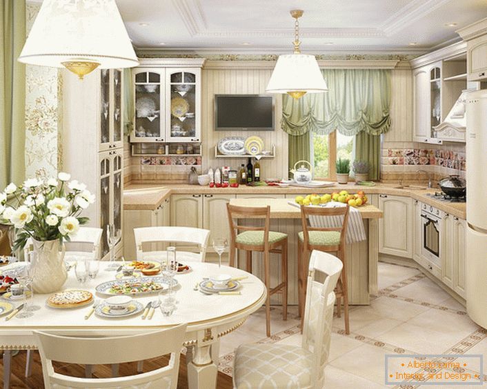 Kuchyňa, organizovaná v štýle krajiny, je kombinovaná s obývacou izbou. Správne usporiadanie svetlých a dekoratívnych akcentov robí miestnosť atraktívnou a rafinovanou.
