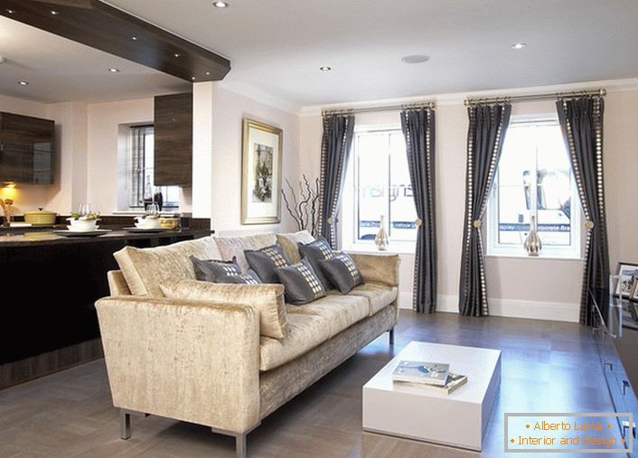 Vyhradená vnútorná kuchyňa-obývacia izba je vybraná v súlade s požiadavkami na dizajn malého bytu. 