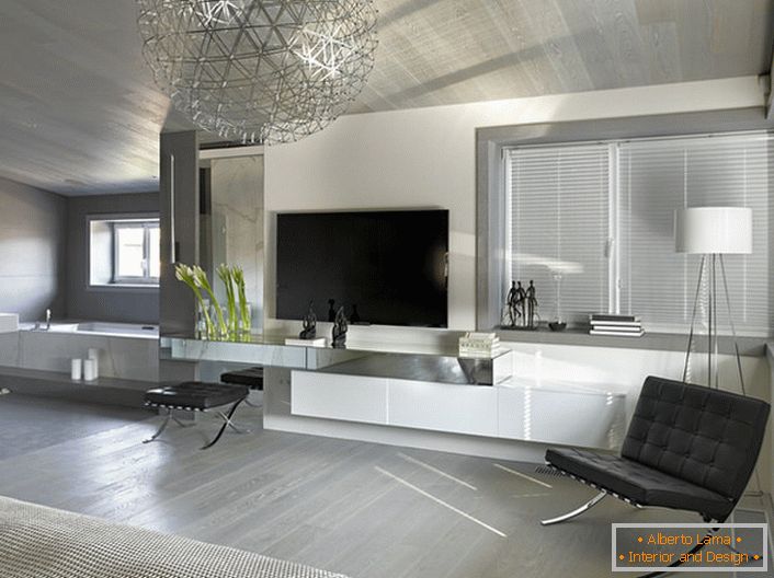 Charakteristickou črtou minimalistického štýlu je použitie jednobarevného materiálu pre čalúnenie nábytku a kovových chrómovaných prvkov.