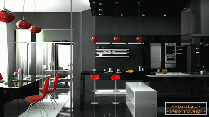 Elegantná štúdiová izba s originálnym špičkovým nábytkom. Červená farba vždy vidí čierne a biele pozadie interiéru.