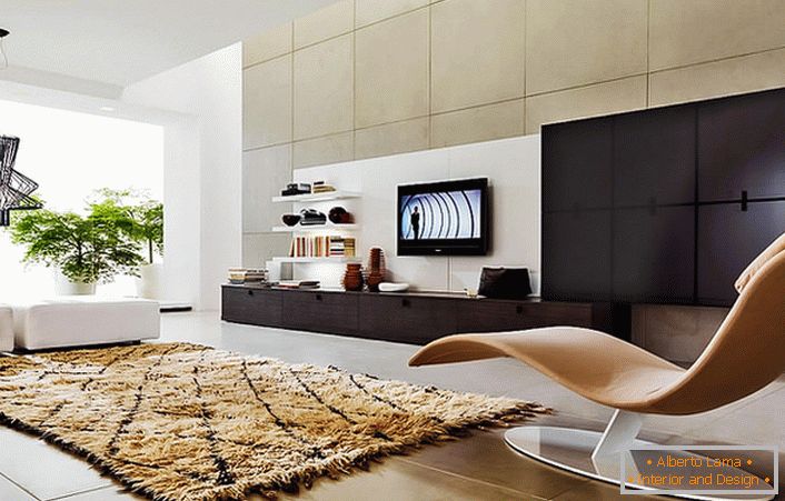 Prirodzenou voľbou pre obývaciu izbu: modulárnu stenu kabíny a pohovky. Špeciálny čip interiéru je ergonomická stolička.
