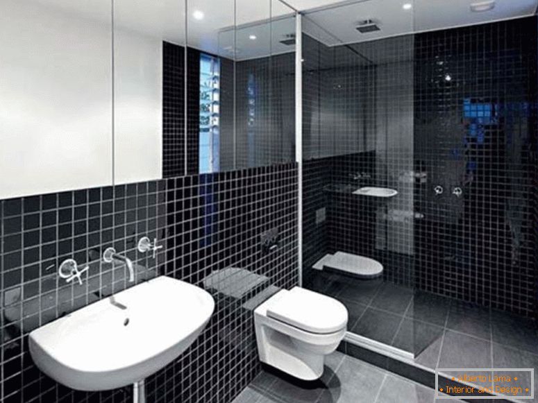 minimalistickom interiéri-dekor-spojený-s-Black-kúpeľňa-nápady-pre-modernej kúpeľne zariadené-s-porcelán, drez-and-múr kohútik-under-veľkom priestorovom zrkadlo