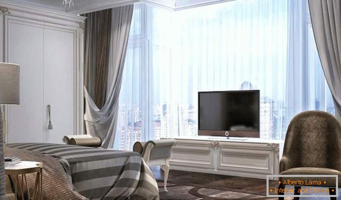 Návrh spálne v apartmáne s panoramatickými oknami - interiérová fotka