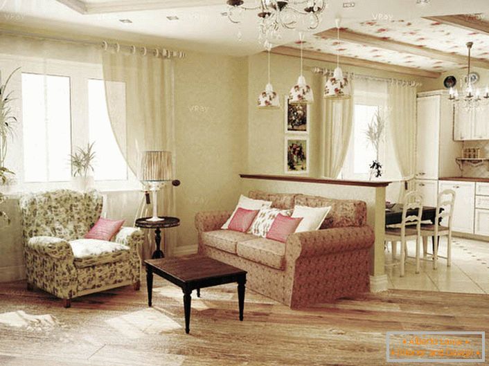 Projektový projekt bol realizovaný na objednávku mladého pána. Intenzívny, skromný interiér v obývacej izbe v štýle Provence v štýle krajiny.