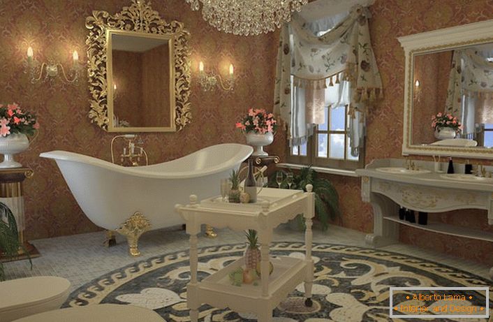 Projektový projekt pre štýlovú kúpeľňu v empírovom štýle. Vynikajúca kúpeľňa na štyroch vzorovaných zlatých nohách, zrkadlo v vyrezávanom ráme, luster z kamenného kryštálu sa dokonale hodí.
